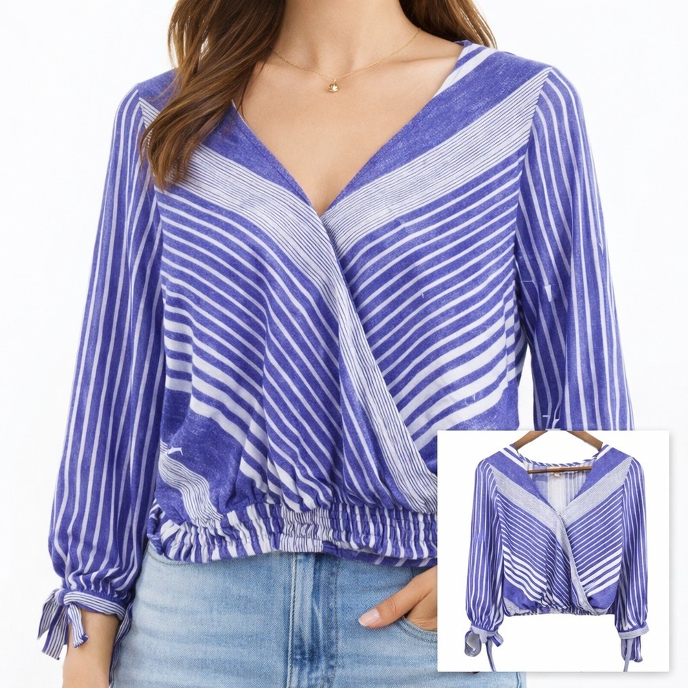 GB Wrap Crop Blouse Striped Flowy‎ Tie Sleeve Summer Top Blue White S